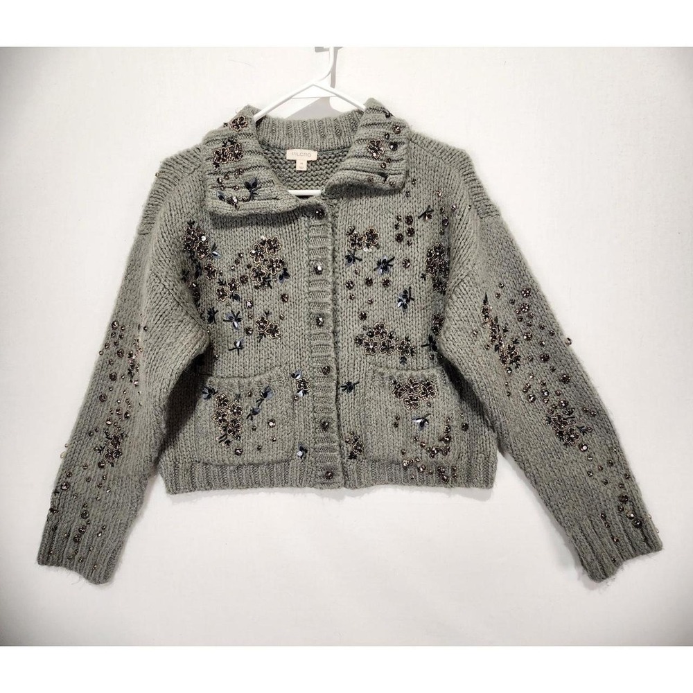 Anthropologie Pilcro Embellished Floral Collared Cardigan Sweater Gray XS Beaded